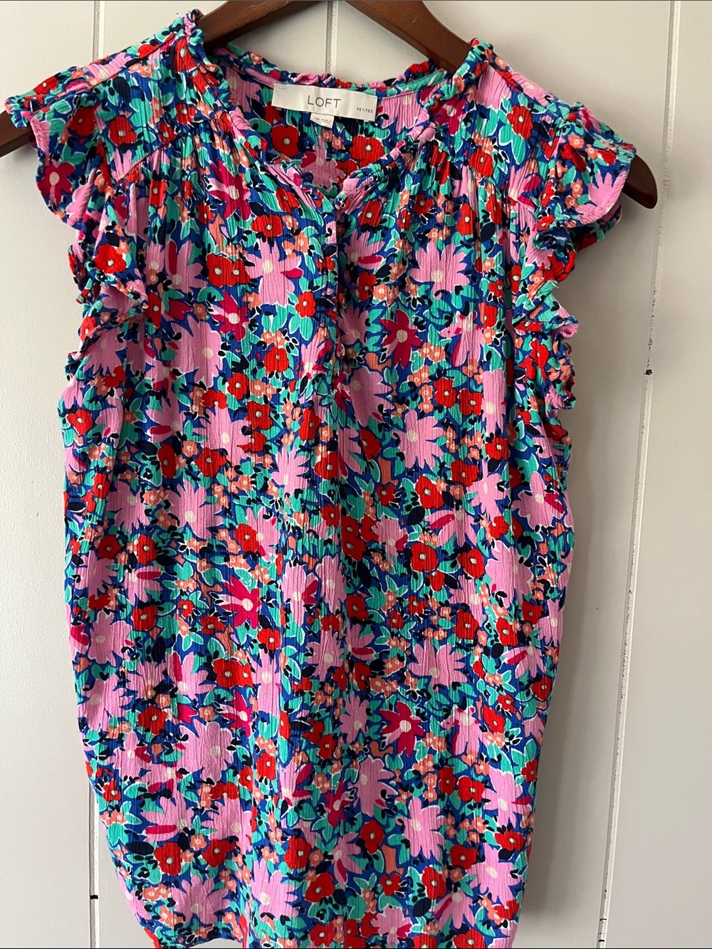 LOFT Pink Floral Ruffle Cap-Sleeve Blouse - Picture 2 of 7